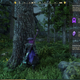 A New World character stands in directly in front of a tree in a forest as the right hand side of the screen has menu alerts on the character's level cap.